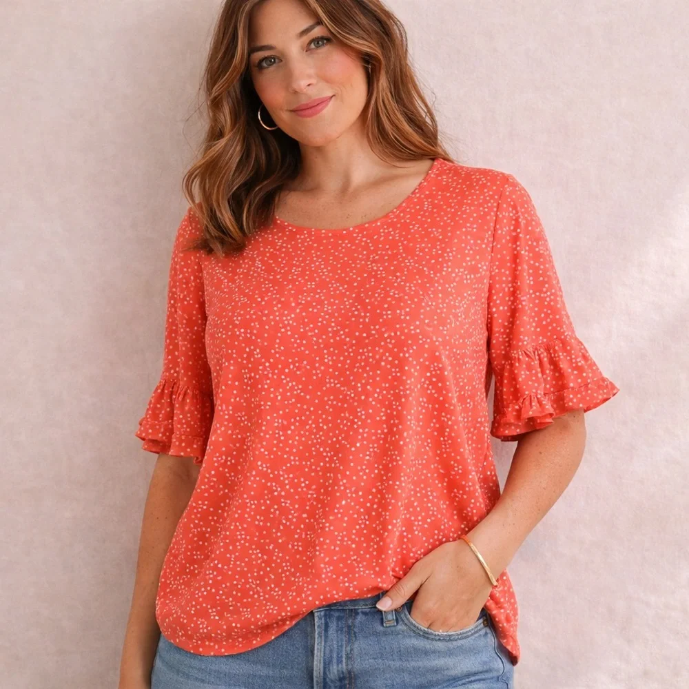 CURE Coral Polka Dot Flutter Sleeve Top | 3XL - Picture 2 of 12